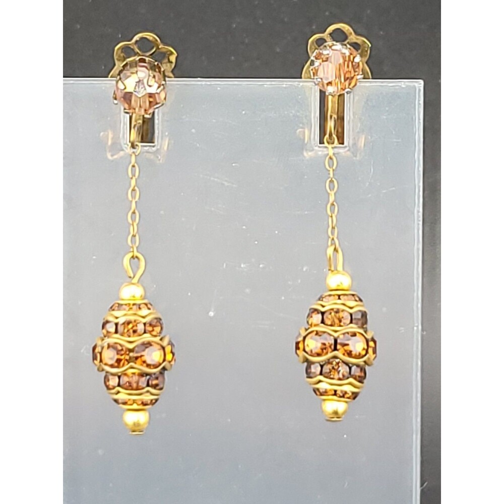 Vintage Amber Glass Rhinestone Gold Plate Brass Chandelier Clip Earrings